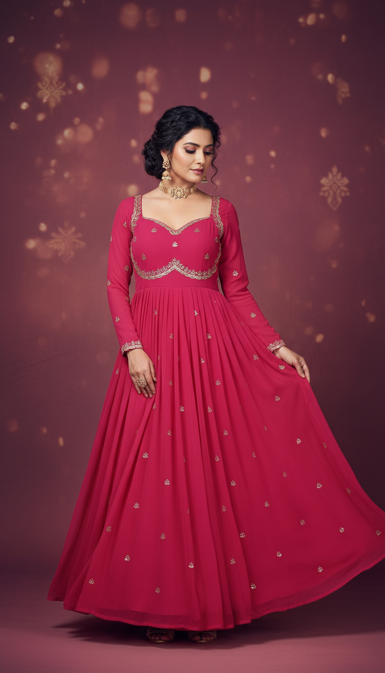 Hot Pink Georgette Anarkali Gown with Gold Zari Embellishments